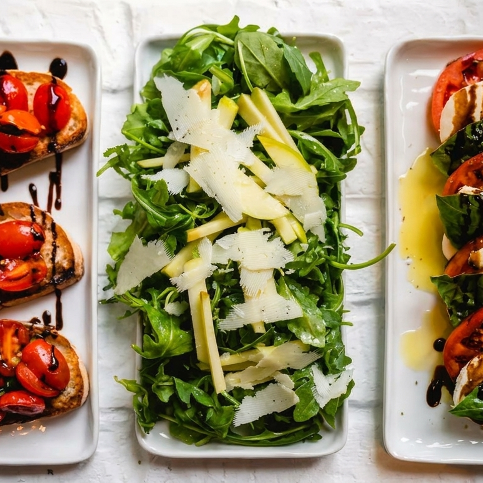 Three plates of Italian appetizers: tomato bruschetta, arugula salad with shaved cheese, and caprese skewers with balsamic glaze.