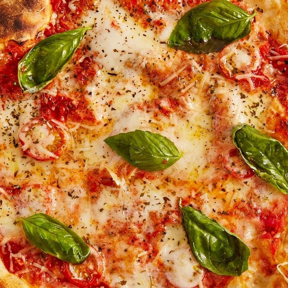 Close-up of a cheese and tomato pizza topped with fresh basil leaves and herbs on a wooden serving board.
