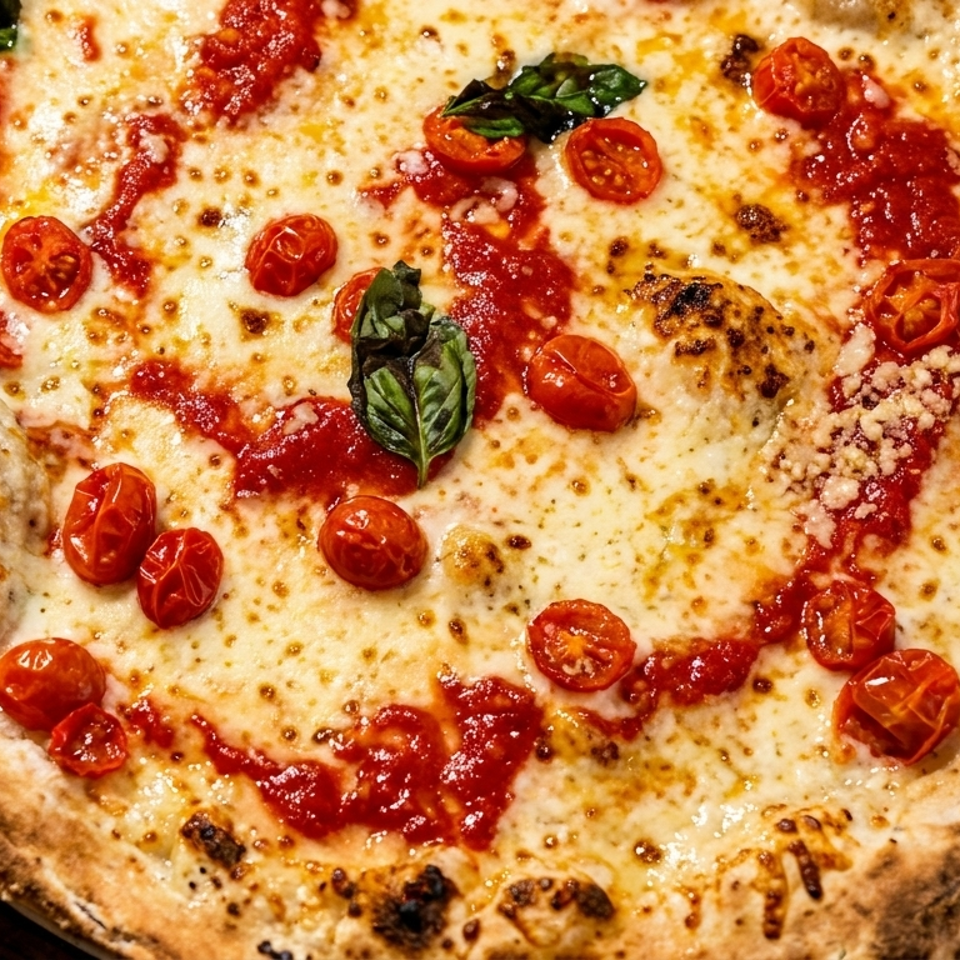 Neapolitan pizza topped with melted mozzarella, cherry tomatoes, tomato sauce, and fresh basil on a wooden table.