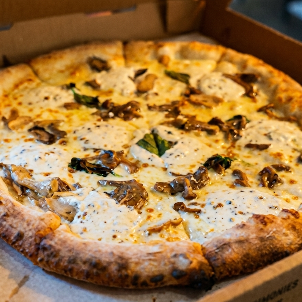 Round wood-fired pizza topped with melted cheese, sautéed mushrooms, herbs, and a charred crust in a cardboard delivery box.