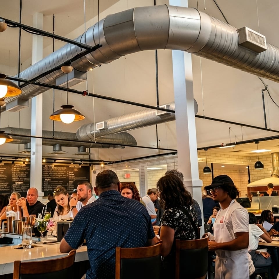Busy modern restaurant dining room with exposed ductwork, pendant lights, counter seating, staff, and patrons enjoying meals.