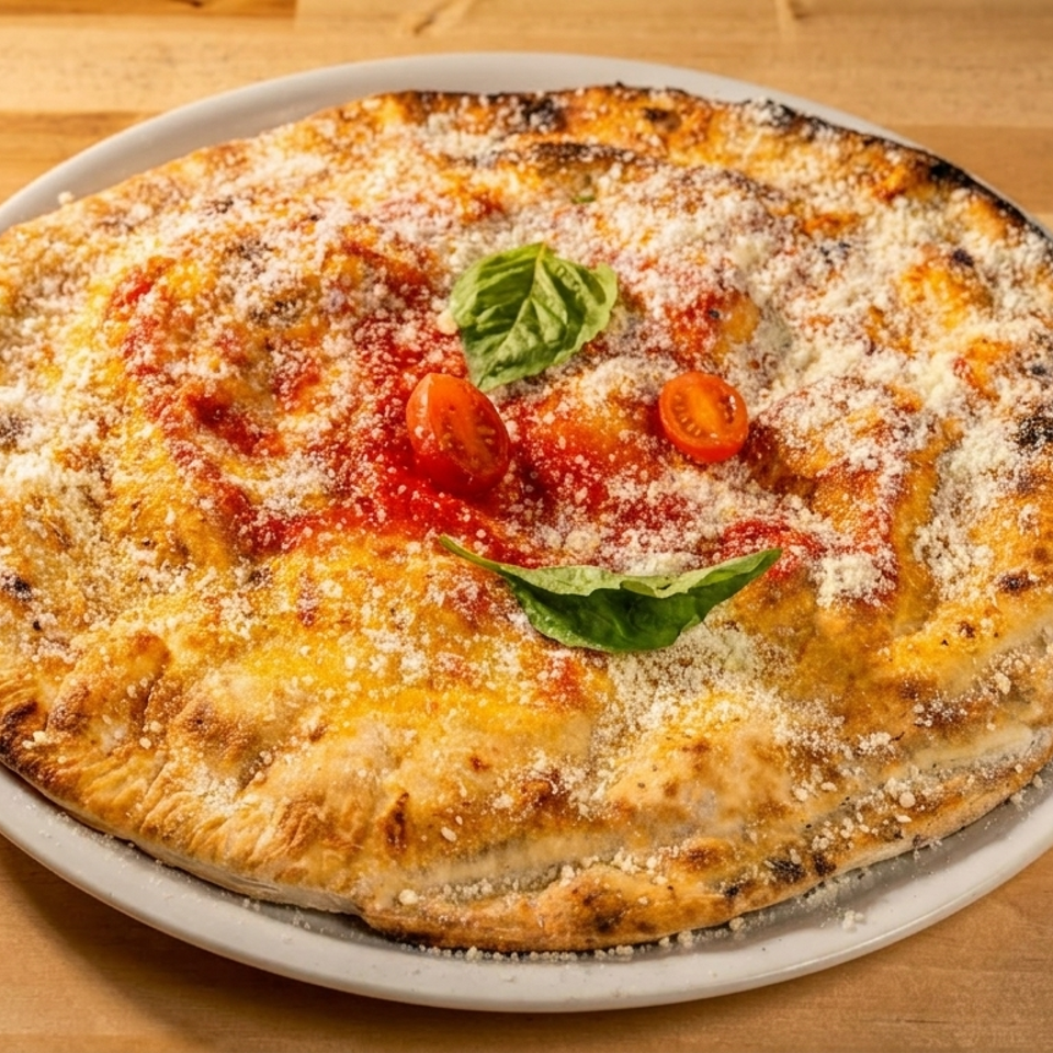 Golden wood-fired pizza topped with tomato sauce, cherry tomatoes, basil leaves, and grated cheese on a white plate.
