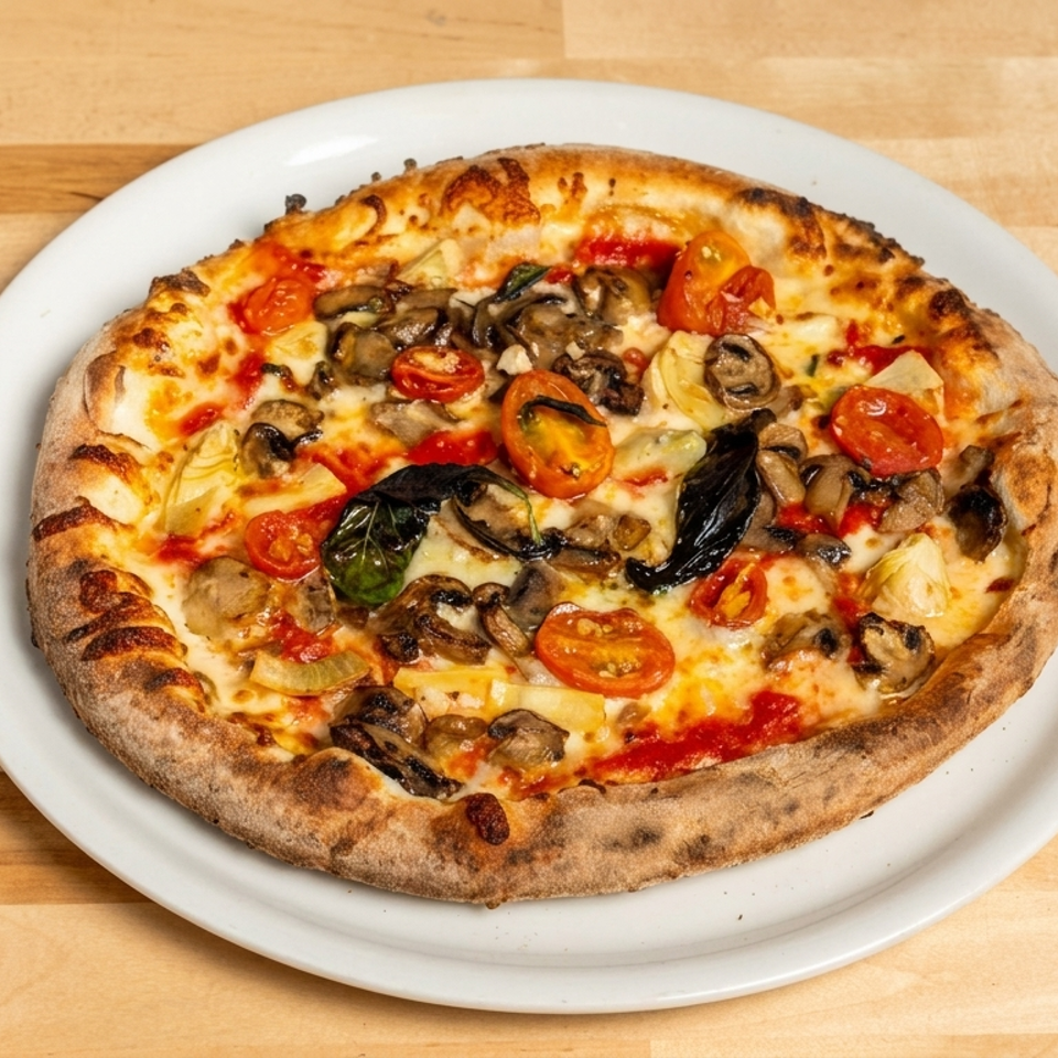 Vegetable pizza with mushrooms, cherry tomatoes, basil, peppers, and melted cheese on a white plate atop a wooden table.